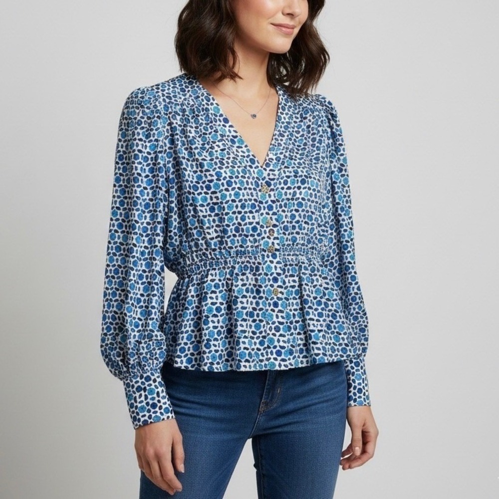 Ciao Lucia Blue White Silk Geometric Peplum Blouse V-Neck Long Sleeve Size XS